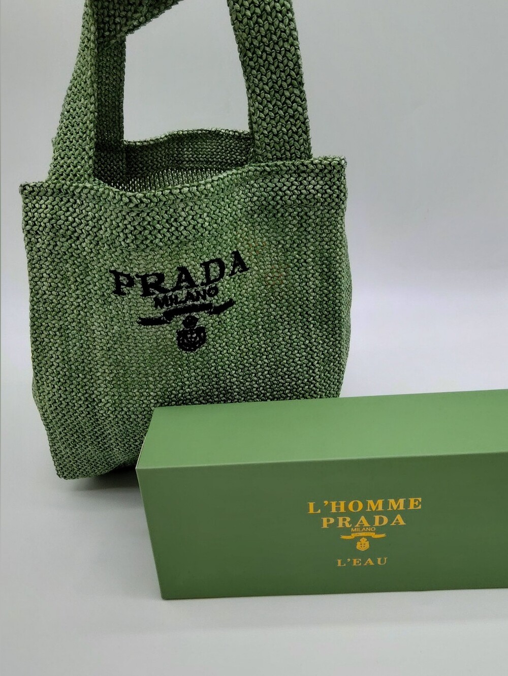 PRADA L’Homme L’Eau Green Woven Mini Tote Toiletry Pouch GWP with Box